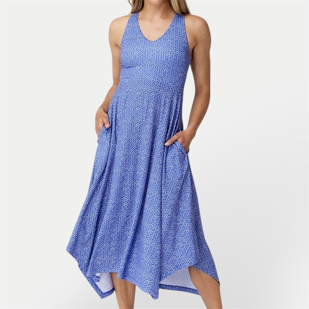 Krimson Klover Piper Dress Large Blue UPF 40 Stretch Athletic Bra Pockets Midi